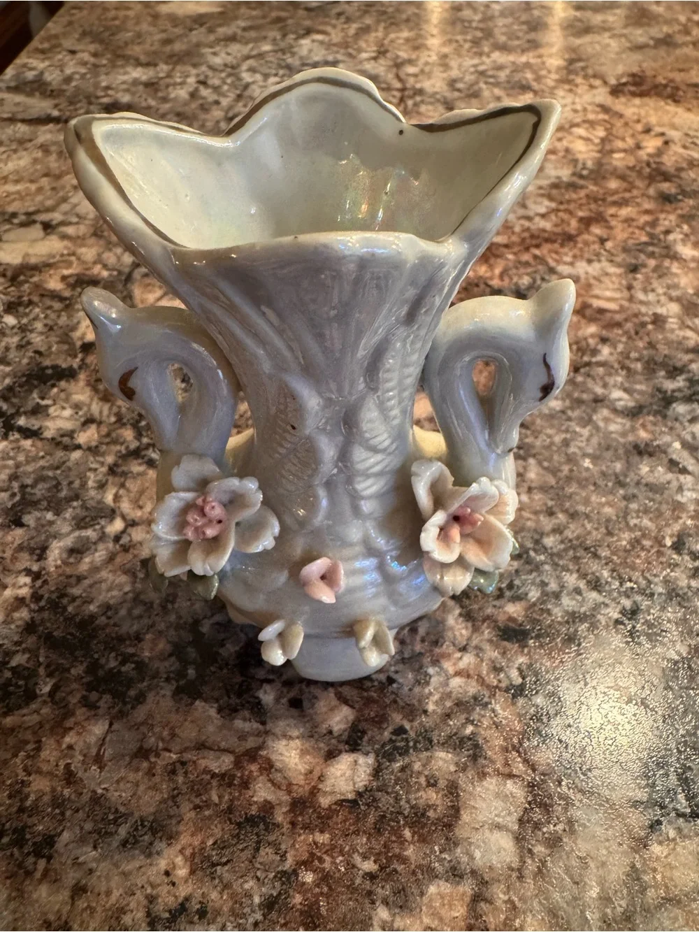 vintage lusterware ceramic swan vase featuring iridescent finishes
